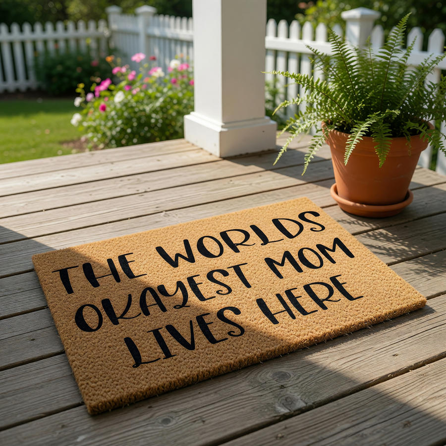 Funny Mom doormat featuring the text The Worlds Okayest Mom Lives Here in bold black lettering on a natural coir fiber welcome mat, making a humorous home decor entrance rug for a mother who appreciates a good laugh at her front