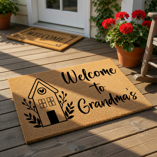 Personalized Grandma welcome doormat featuring a cute house illustration and leafy accents on natural coir fiber, this custom front porch rug makes a charming housewarming entry mat for a grandmother home decor entryway.