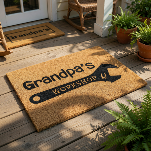 Grandpa's Workshop coir doormat featuring a large black wrench graphic and bold text, making a fun personalized welcome mat for a garage, shed, or man cave entrance that celebrates a hobbyist or handyman in your life.