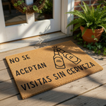 Funny beer themed doormat with Spanish text No Se Aceptan Visitas Sin Cerveza and a graphic of two clinking beer bottles, this natural coir fiber welcome mat is a humorous front porch decor piece for any home entrance or patio.
