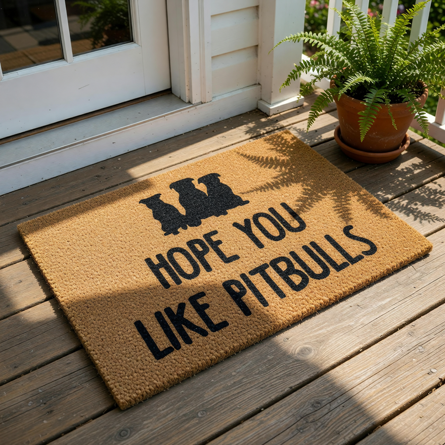Hope You Like Pitbulls doormat featuring three black dog silhouettes on a natural coir fiber welcome mat, a funny front porch rug for dog lovers that makes a great housewarming gift for any pet owner who loves this specific breed.