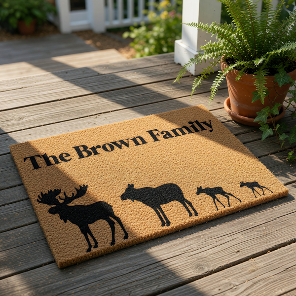 Personalized family name coir doormat featuring a black silhouette of a moose family, this custom outdoor welcome mat is a durable natural fiber rug for your front porch entry, housewarming decor, or rustic cabin home entrance.