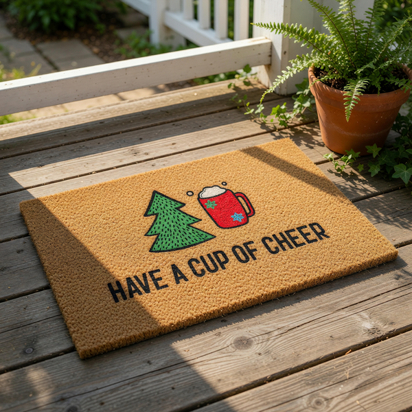 Have a Cup of Cheer Christmas doormat featuring a festive red mug and green pine tree design on natural coir fiber, this holiday welcome mat adds seasonal decor to your front porch entry for a cozy winter home entrance and