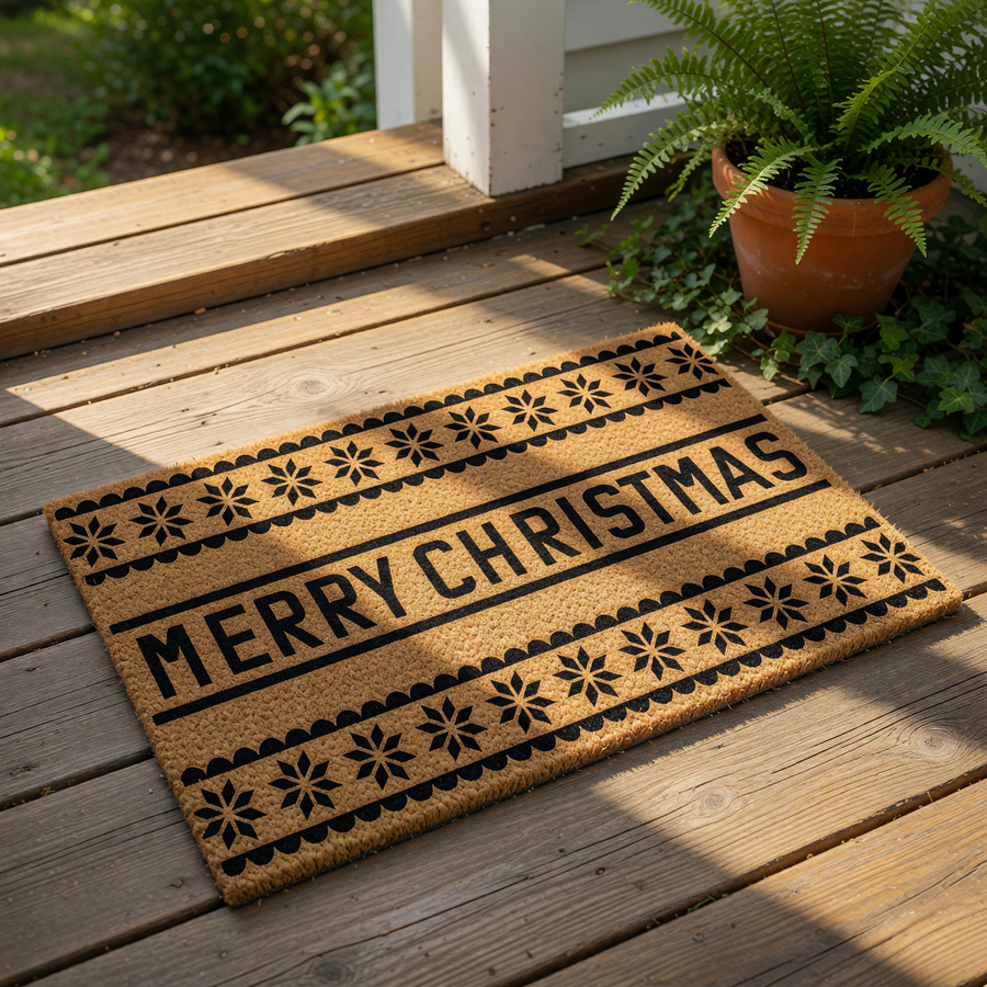 Merry Christmas coir doormat featuring a festive snowflake and scalloped border design on natural fiber, this holiday welcome mat is a durable outdoor floor rug for your front porch decor during the winter season and holiday home