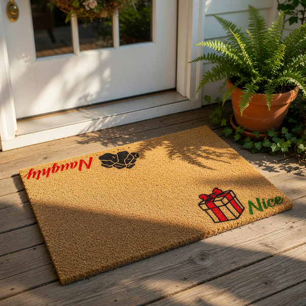 Naughty or Nice Christmas doormat featuring a pile of coal and a wrapped gift box on natural coir fiber, this festive holiday welcome mat is a fun seasonal floor decor piece for your front porch or entryway during the winter