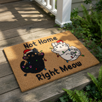 Funny cat Christmas doormat featuring two cute kittens tangled in holiday lights and wearing Santa hats, with the text Not Home Right Meow printed on a natural coir fiber welcome mat for a festive holiday home entryway decor.