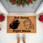 Funny cat Christmas doormat featuring two cute kittens tangled in holiday lights and wearing Santa hats, with the text Not Home Right Meow on a natural coir welcome mat for a festive front porch entry decor during the winter