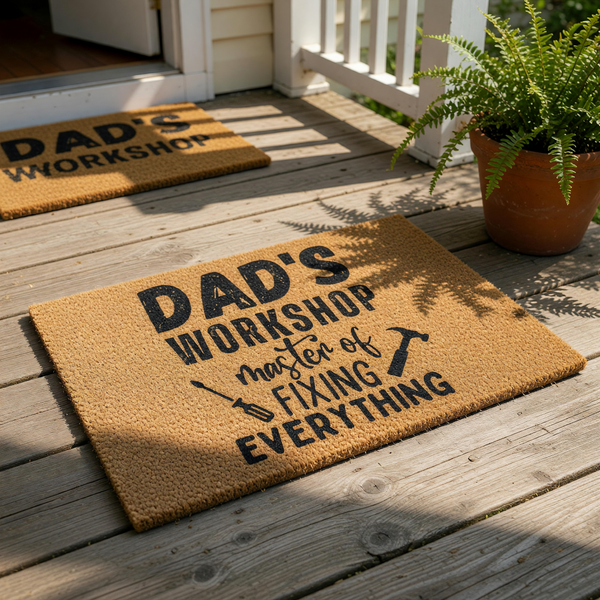 Dad's Workshop doormat featuring a durable coir welcome mat design with a hammer and screwdriver icon, perfect for a garage or shop entrance as a funny home decor accessory for a handy father who loves fixing everything.