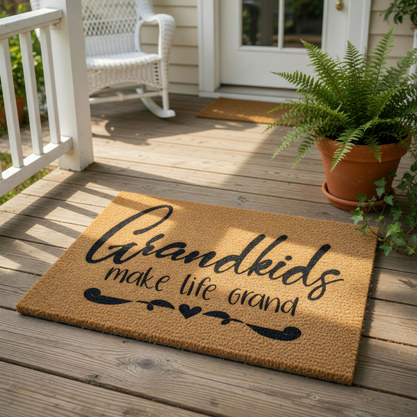 Grandkids make life grand coir doormat for grandparents, featuring a natural fiber welcome mat with black script text and a heart design, perfect for a front porch entry or as a housewarming decor piece for a home with