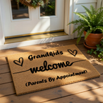 Grandkids Welcome doormat with funny Parents By Appointment text, featuring a natural coir fiber welcome mat for grandparents, this durable outdoor floor rug has a humorous design for a front porch or entryway home decor.