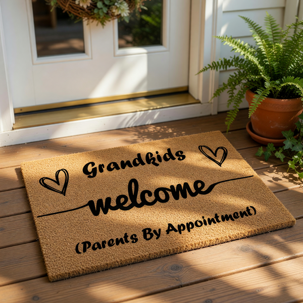 Grandkids Welcome doormat with funny Parents By Appointment text, featuring a natural coir fiber welcome mat for grandparents, this durable outdoor floor rug has a humorous design for a front porch or entryway home decor.