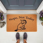 Funny donkey doormat with the text Nope, Not Today, featuring a cute cartoon donkey illustration on a natural coir welcome mat for your front porch, perfect for a humorous home entrance decor and a unique housewarming gift idea.