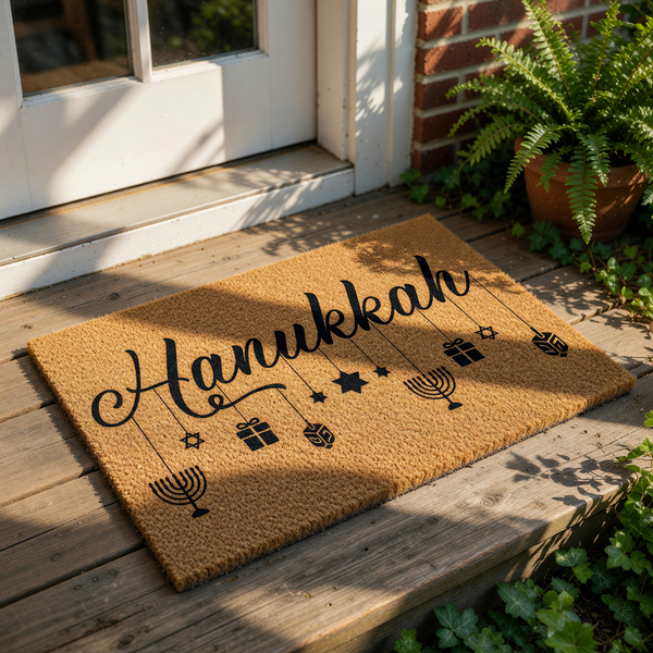 Hanukkah coir doormat featuring a natural fiber texture with black script text and hanging holiday icons like menorahs, stars, and gift boxes, making a festive welcome mat for your front porch during the winter holiday season.