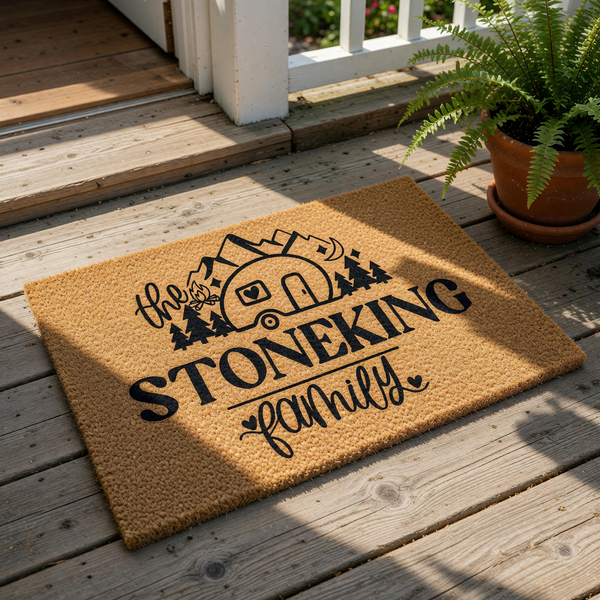 Personalized camping family doormat featuring a travel trailer, mountains, and pine trees on natural coir fiber, making a custom outdoor welcome mat for campers, RV owners, and outdoor enthusiasts who love nature and adventure.