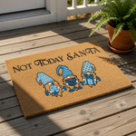 Not Today Santa doormat featuring three blue gnomes with a menorah, dreidel, and gift, perfect for a festive holiday welcome mat or funny winter porch decor for your home entrance during the winter season and holiday celebrations.