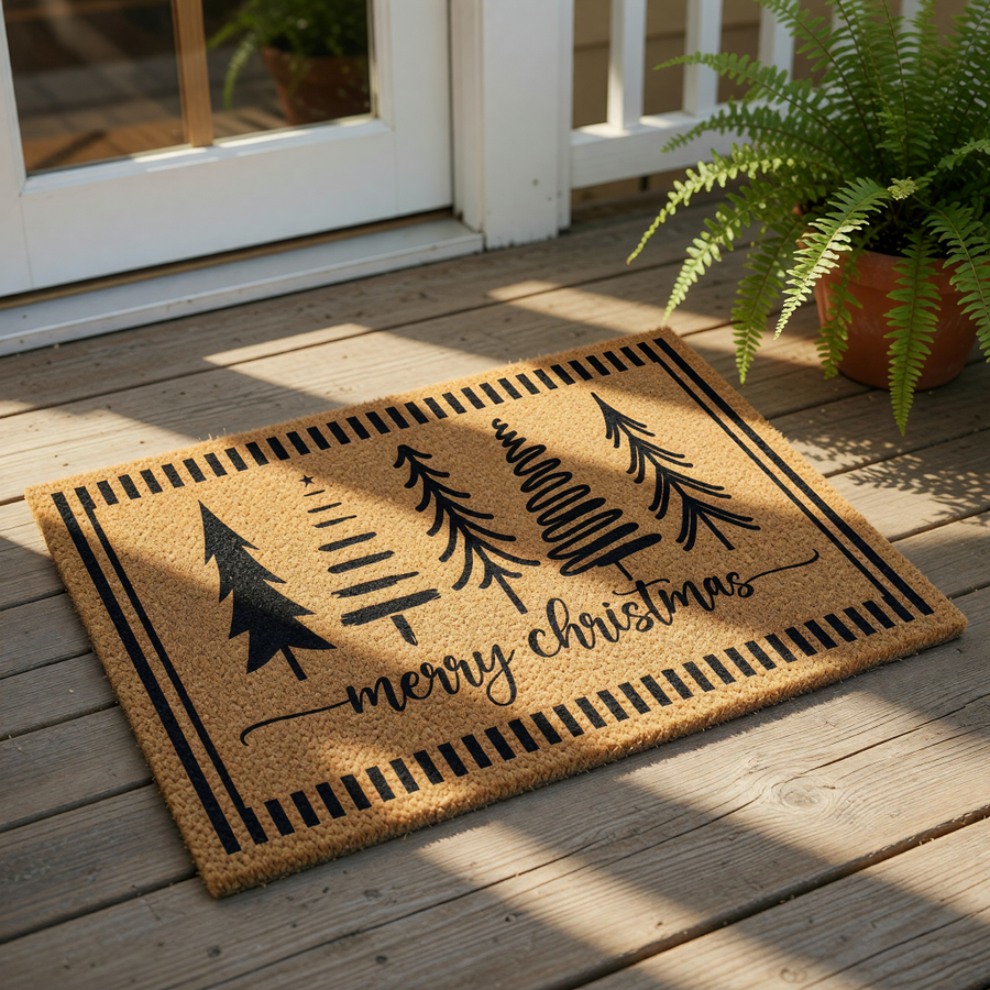 Merry Christmas coir doormat featuring a black striped border and a row of stylized evergreen trees, this natural fiber welcome mat is a festive holiday porch decor piece for your front door entrance during the winter season.