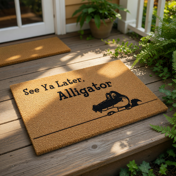 Alligator welcome doormat featuring a funny cartoon reptile illustration and the text See Ya Later Alligator, this natural coir fiber outdoor entry rug is a humorous front porch decor piece for any home entrance or housewarming.