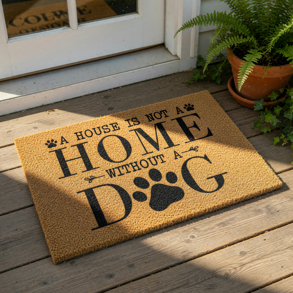Dog lover welcome doormat featuring the phrase A House Is Not A Home Without A Dog with paw print accents, this natural coir fiber outdoor entry mat is a durable front porch rug for pet owners and animal lovers looking for home