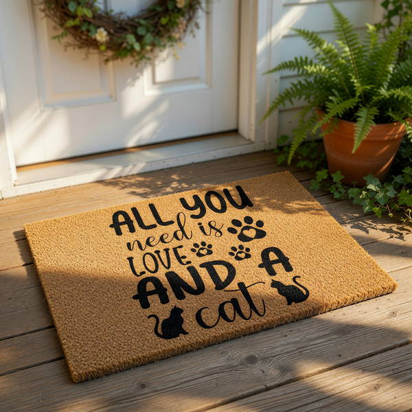 Cat lover doormat featuring the text All You Need Is Love And A Cat with paw prints and feline silhouettes, this natural coir fiber welcome mat is a funny pet themed front porch rug for cat owners and home decor enthusiasts.