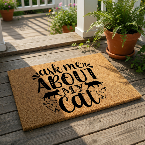 Ask Me About My Cat doormat, a natural coir fiber welcome mat featuring black text and cute feline silhouettes, perfect for cat lovers who want a funny, decorative front porch rug for their home entrance or housewarming decor.
