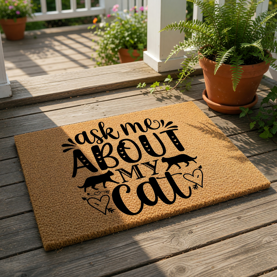 Ask Me About My Cat doormat, a natural coir fiber welcome mat featuring black text and cute feline silhouettes, perfect for cat lovers who want a funny, decorative front porch rug for their home entrance or housewarming decor.