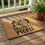 Cat lover welcome doormat with black text reading Cats are my favorite people and cute cat silhouettes, this natural coir fiber outdoor entry rug is a funny housewarming decor piece for any feline owner or pet lover home entrance.