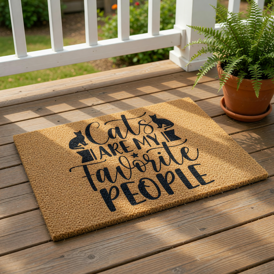 Cat lover welcome doormat with black text reading Cats are my favorite people and cute cat silhouettes, this natural coir fiber outdoor entry rug is a funny housewarming decor piece for any feline owner or pet lover home entrance.