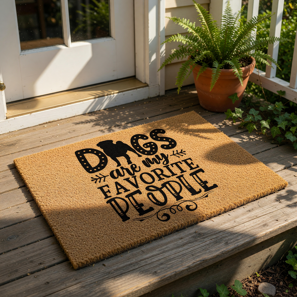 Dogs are my favorite people coir doormat featuring a black silhouette of a dog replacing the letter O in the word dogs, making this a funny pet lover welcome mat for your front porch or entryway decor with a natural fiber texture.