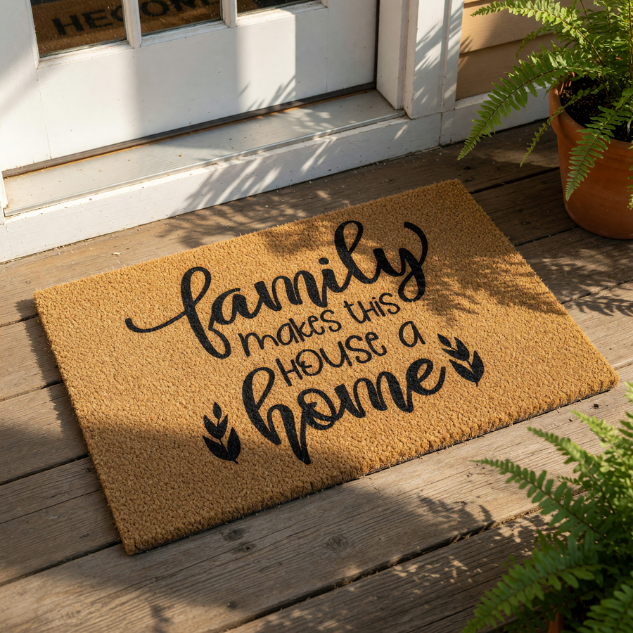 Family makes this house a home coir doormat with black script lettering and leaf accents, a natural fiber welcome mat for front porch decor that adds a warm, inviting touch to your entryway floor and home entrance decor.