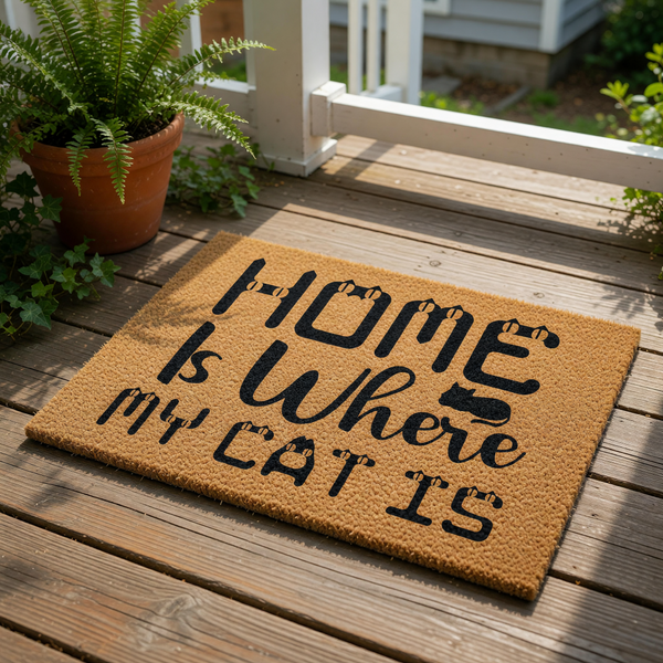 Cat lover welcome doormat featuring the text Home Is Where My Cat Is in black ink on a natural coir fiber mat, making a stylish front porch rug for pet owners who want a funny and decorative entrance for their home and cat decor.