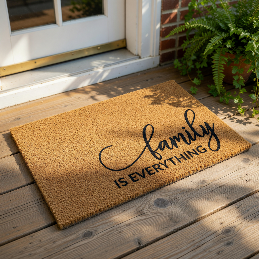 Family Is Everything coir doormat with a natural fiber texture and black script lettering, this durable outdoor welcome mat serves as a stylish front porch rug for home entryways and makes a warm, inviting housewarming decor