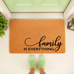Family Is Everything coir doormat for front porch entry, featuring natural fiber construction with black script lettering, this durable outdoor welcome mat adds a stylish touch to any home entrance and entryway decor.