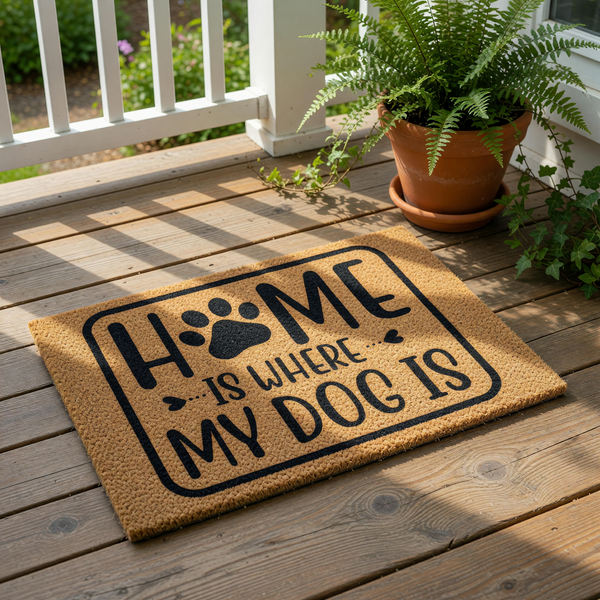 Home Is Where My Dog Is doormat featuring a paw print design on natural coir fiber, this funny pet lover welcome mat makes a great front porch rug for dog owners who want a durable, rustic, and personalized housewarming entryway