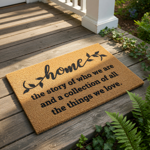 Home welcome doormat featuring a natural coir fiber texture with black printed text that reads home the story of who we are and a collection of all the things we love, a stylish front porch rug for housewarming or home decor.