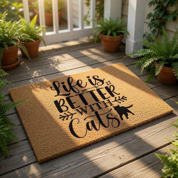 Cat lover welcome doormat made of natural coir fiber, featuring the printed text Life is Better With Cats and a cute feline silhouette, this durable outdoor entry rug is a fun home decor piece for any cat owner or pet lover front