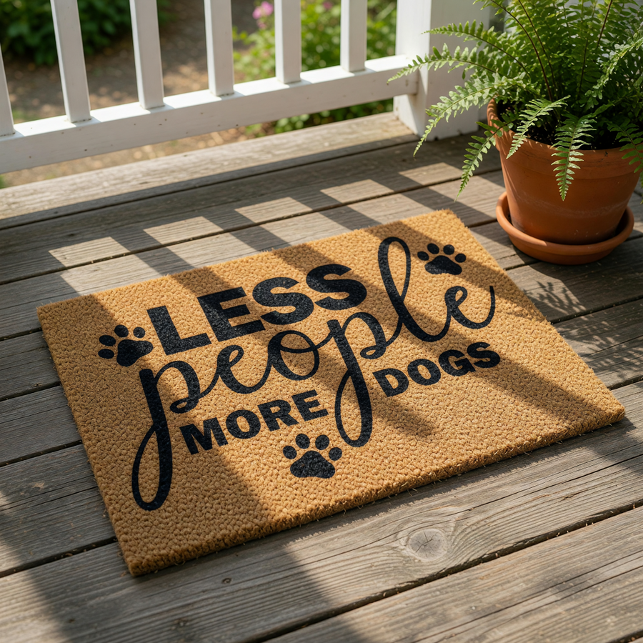 Less People More Dogs doormat featuring black paw prints on a natural coir fiber welcome mat, this funny dog lover front porch rug is a durable outdoor floor mat for pet owners who prefer canine company at their home entrance.