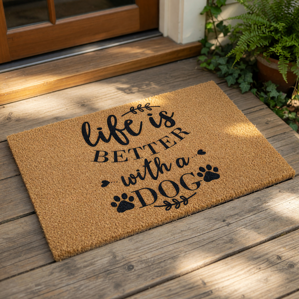 Dog lover welcome doormat featuring natural coir fiber material with black text that reads life is better with a dog and paw print accents, making this a funny pet themed front porch rug for any animal owner home entrance decor.