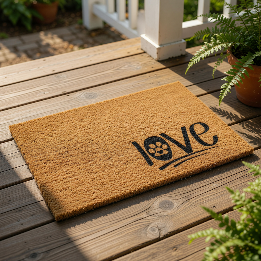 Love paw print doormat featuring a natural coir fiber texture and a black printed design where the letter O is replaced by a dog or cat paw print, making this a stylish pet lover welcome mat for your front porch or entryway decor.