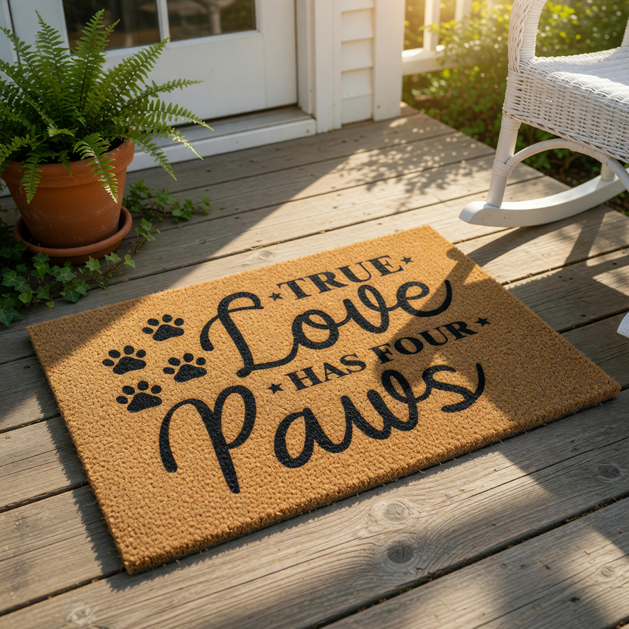 True Love Has Four Paws coir doormat featuring black paw prints and text on a natural fiber welcome mat, perfect for pet lovers and dog owners looking for a durable outdoor front porch rug or entryway floor mat for their home.