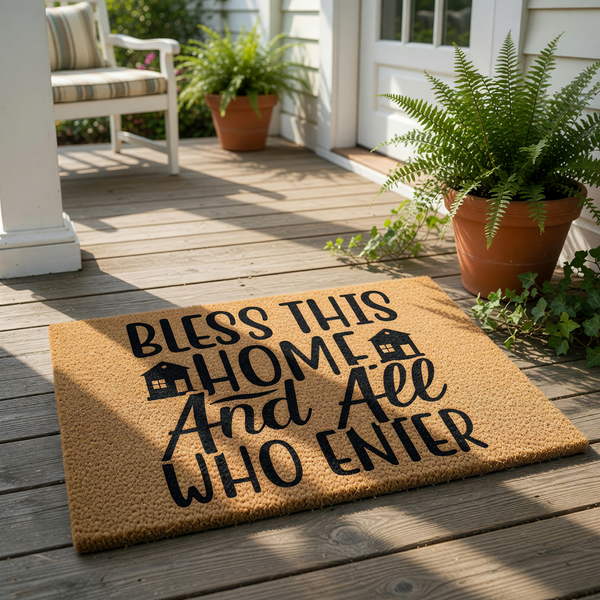 Bless This Home And All Who Enter coir doormat with black text and house icons, a natural fiber welcome mat for front porch decor that adds a warm, inviting touch to your entryway floor and home entrance for guests and family.