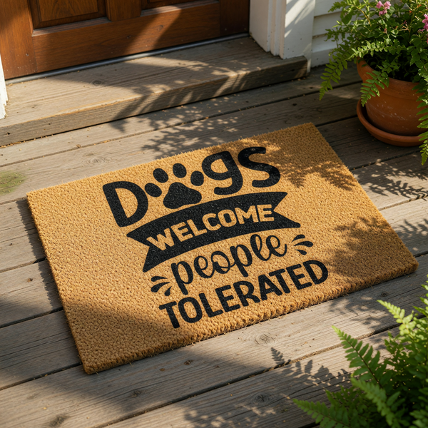 Dogs Welcome People Tolerated doormat featuring a paw print design on natural coir fiber, this funny front porch welcome mat is a durable outdoor rug for dog lovers and pet owners looking for humorous home decor for their