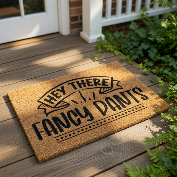 Hey There Fancy Pants doormat featuring bold black typography on a natural coir fiber mat, this funny welcome mat is a stylish front porch decor piece for your home entrance and a humorous housewarming gift for new homeowners.