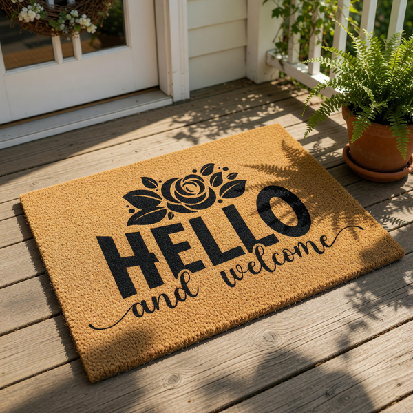 Floral Hello and Welcome coir doormat featuring a black rose design on natural fiber, this durable outdoor welcome mat is a stylish front porch rug for home entryways that adds a decorative touch to your house entrance decor.