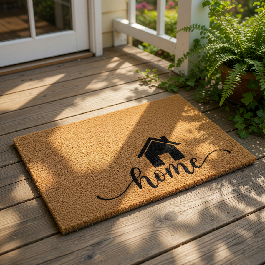 Home coir doormat with a black house icon and script text, this natural fiber welcome mat is a durable outdoor floor rug for your front porch entry, providing a stylish and functional housewarming decor piece for any new home.