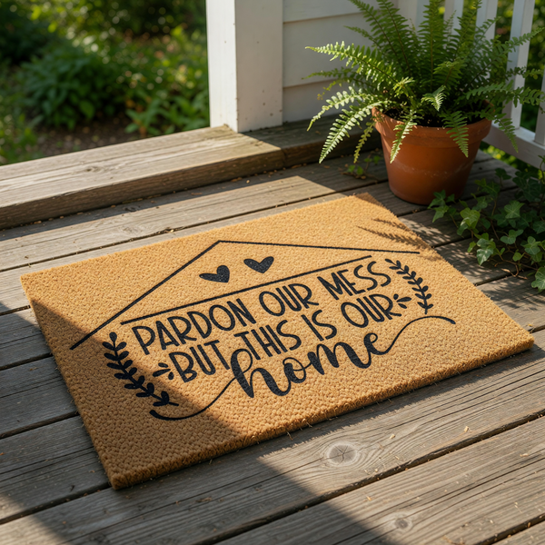 Pardon Our Mess But This Is Our Home doormat featuring a house outline and heart icons on a natural coir fiber welcome mat, perfect for a funny front porch entrance rug or a housewarming decor piece for your entryway floor.
