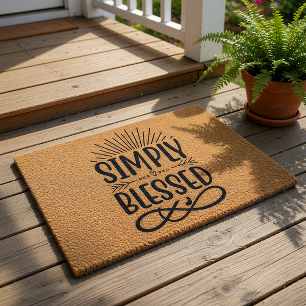 Simply Blessed coir doormat with a natural fiber texture, featuring black printed text and a sunburst design, perfect for a farmhouse front porch entry, housewarming decor, or a welcoming outdoor floor mat for your home entrance.