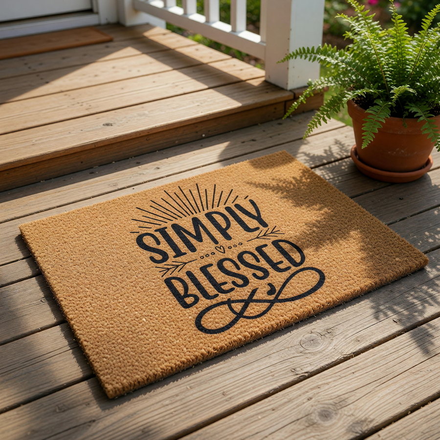 Simply Blessed coir doormat with a natural fiber texture, featuring black printed text and a sunburst design, perfect for a farmhouse front porch entry, housewarming decor, or a welcoming outdoor floor mat for your home entrance.