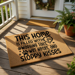 Dog lover welcome doormat featuring the text This home is filled with wagging tails, wet noses, and sloppy kisses with paw print accents, a durable natural fiber outdoor floor mat for pet owners and dog house decor for your front