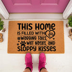 Dog lover welcome doormat featuring a funny quote about wagging tails and wet noses, this natural coir fiber entry mat is a cute pet themed floor rug for your front porch decor that celebrates your furry friends and sloppy kisses.