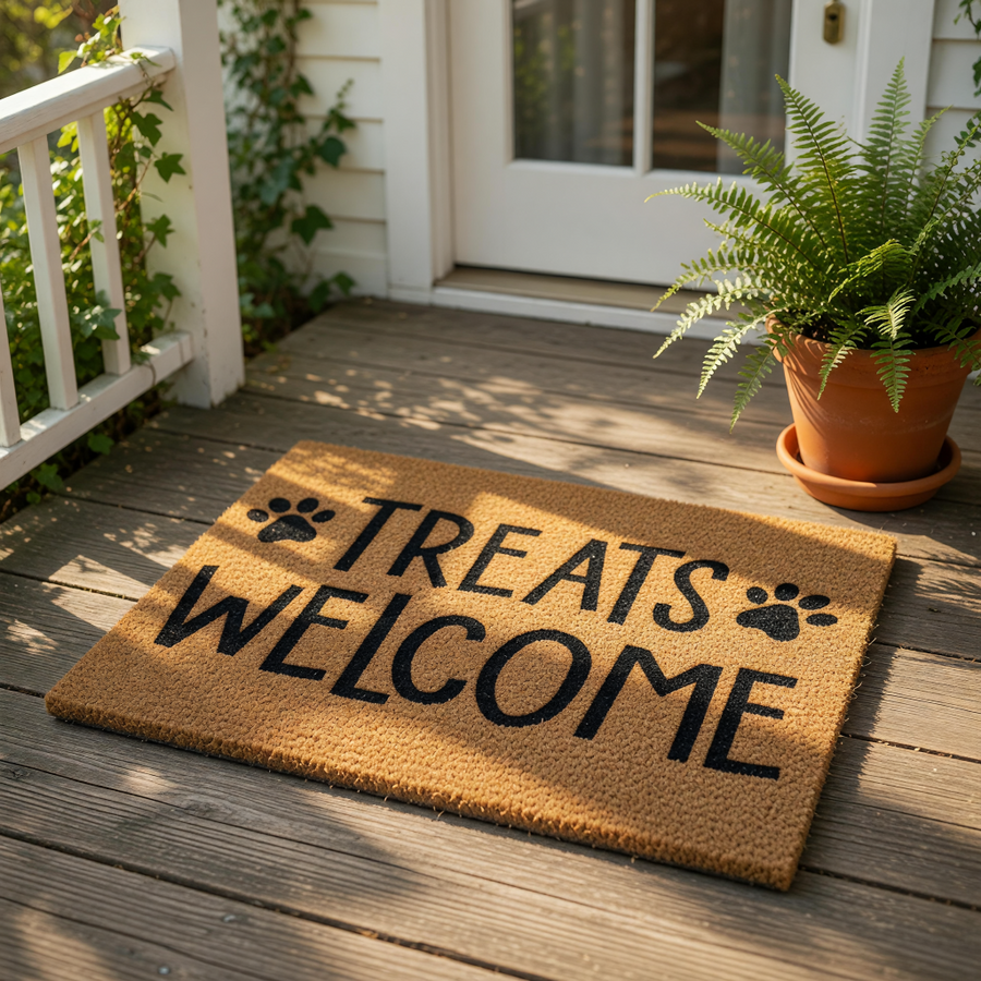 Treats Welcome doormat with black paw prints on a natural coir fiber mat, this funny dog lover welcome mat is a durable outdoor rug for pet owners who want a cute front porch entrance decor piece for their home or apartment